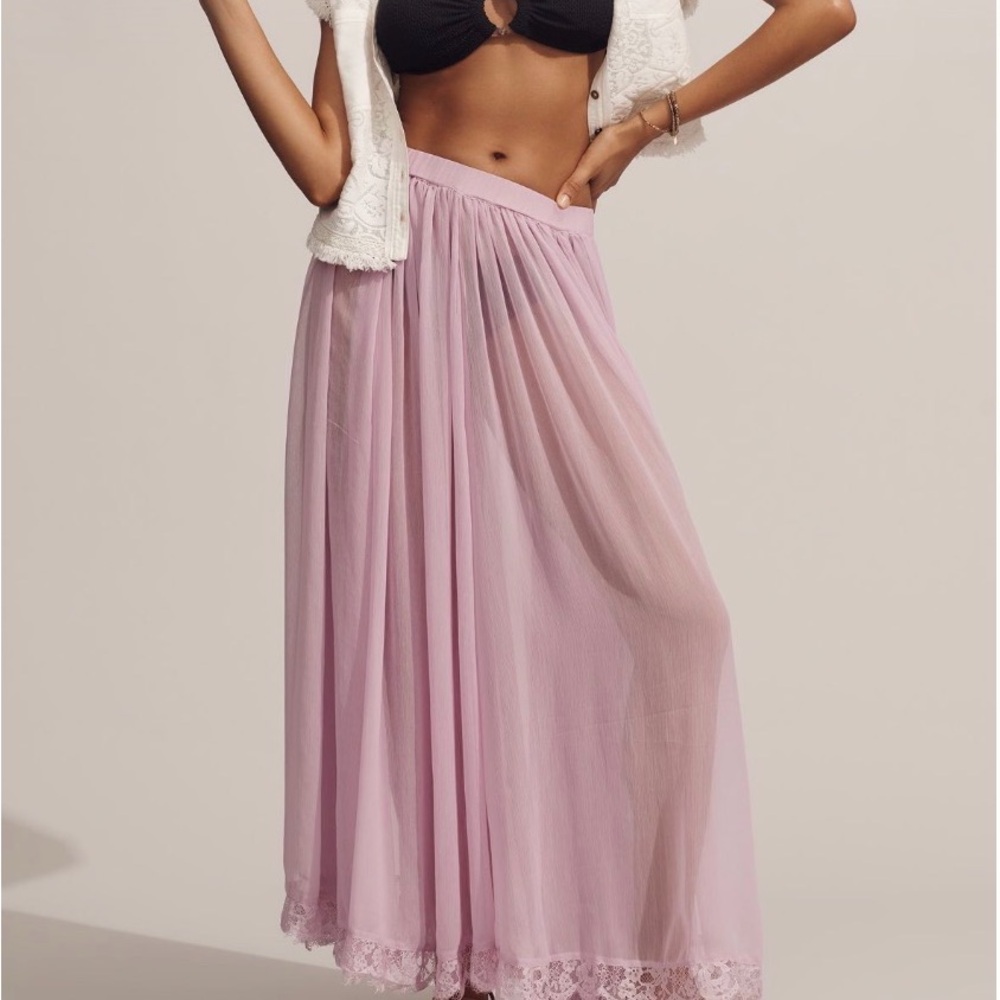 Anthropologie Sheer Lilac Maxi Skirt with Lace Trim